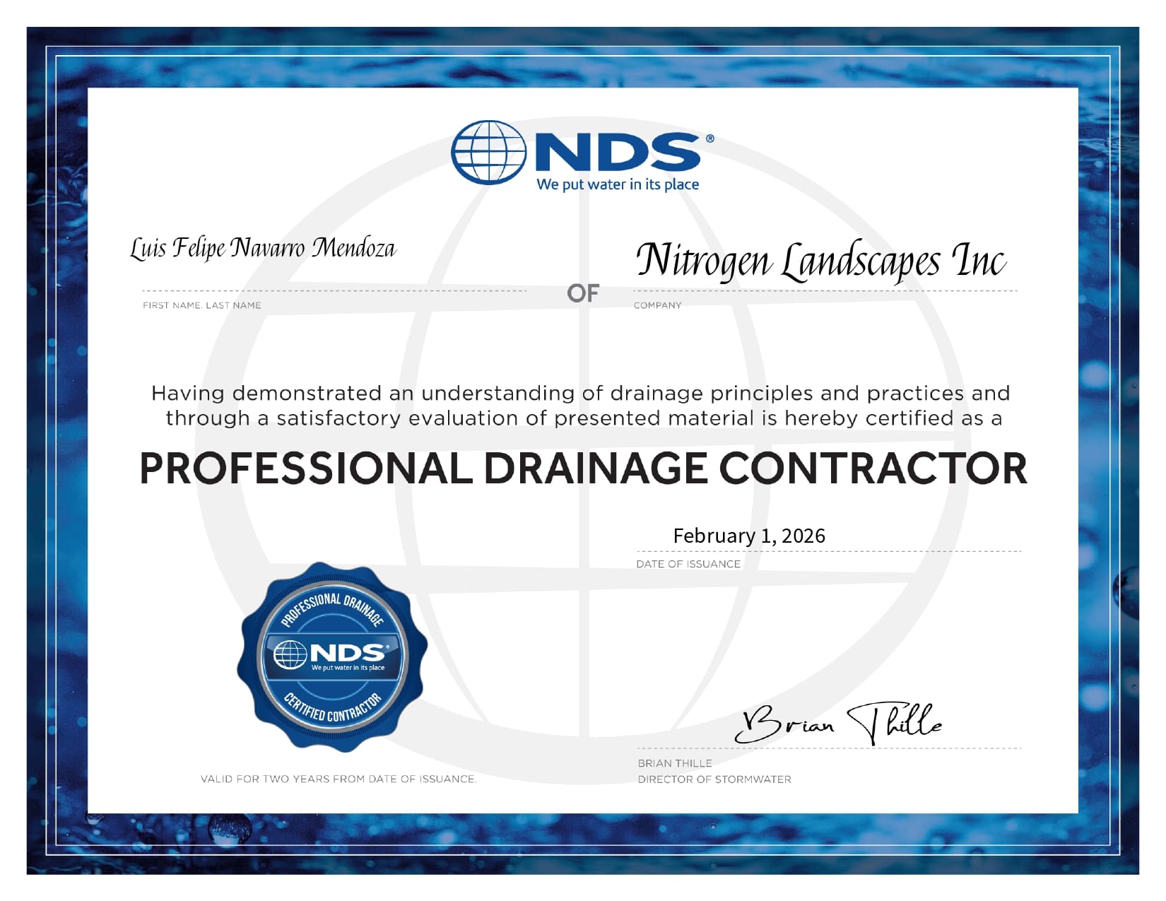nds professional drainage contractor certification of luis felipe navarro mendoza