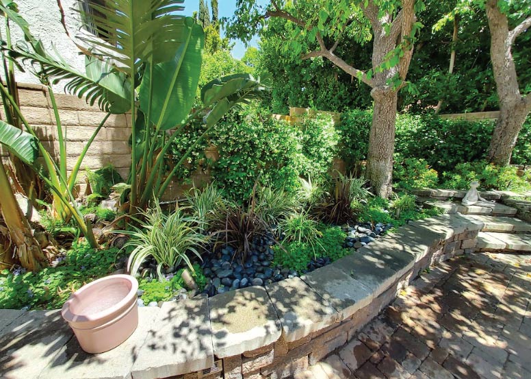 15 Smart Ways to Finance Your Landscaping Project: Lush tropical backyard landscape design featuring large leafy plants, stone retaining walls, and a brick paver patio for an upscale outdoor living space.